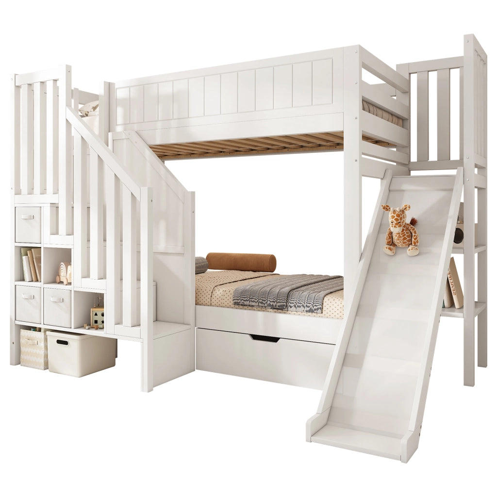 Letto a castello per bambini - Zephmum- 90x200 cm con scivolo, cassetti, scaffale aperto, bianco