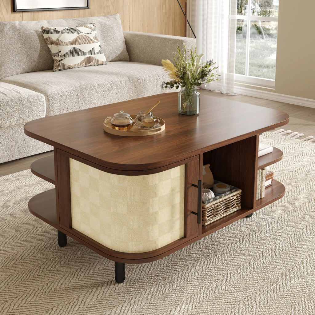 Tavolino da caffè con vani aperti e armadietti laterali - per soggiorno - in MDF - 80×60×47 cm - noce