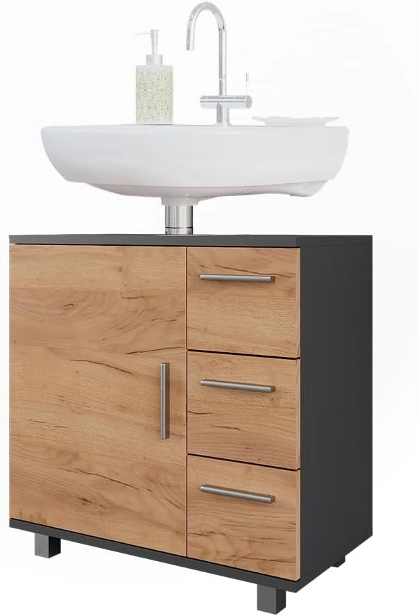 Mobiletto per lavabo Ilias, Antracite/quercia dorata, 60 x 60.8 cm con anta e 3 cassetti, con intaglio per sifone per l'installazione su lavabo