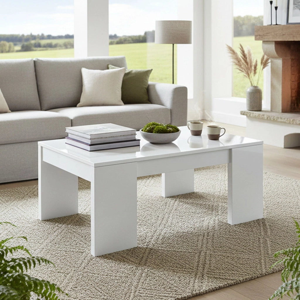 Tavolino da salotto Almo, Tavolino da caffè con piano elevabile, Tavolo basso da soggiorno, cm 100x50h43/84, Bianco lucido