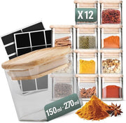 Set di 12 contenitori per erbe in vetro con coperchio in legno e etichette - 150 ml - Ideali per l'organizzazione della cucina