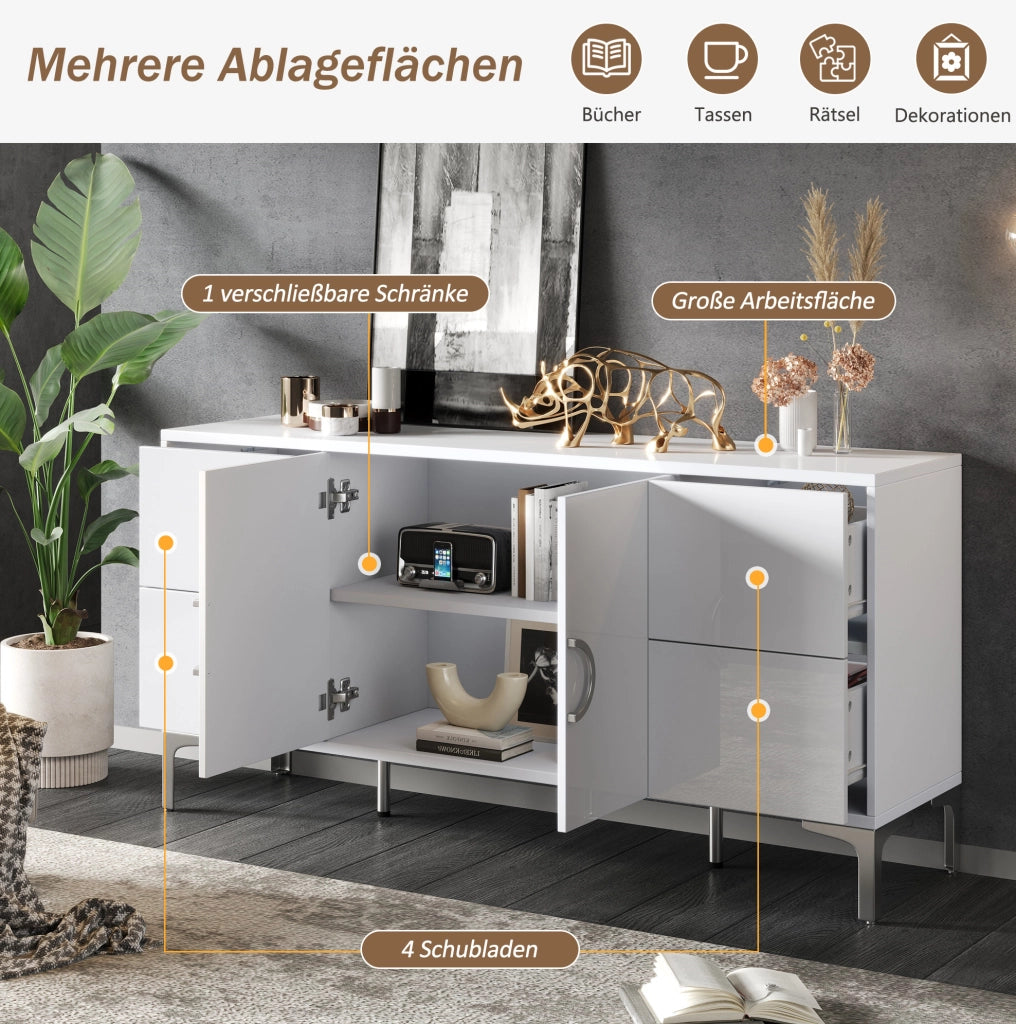 Madia bianca lucida in MDF 150 cm con 4 cassetti e 2 ante