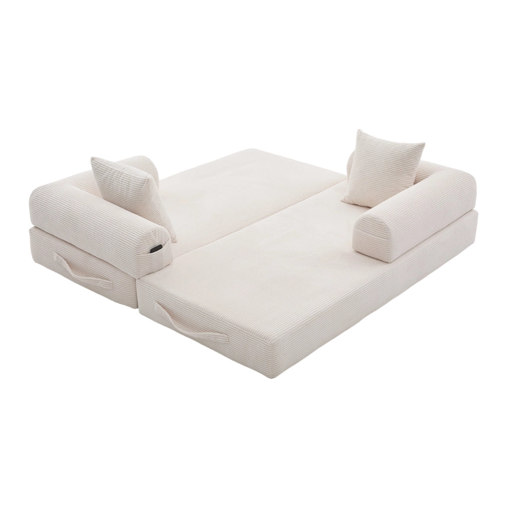 Divano modulare in velluto a coste beige con 3 cuscini; tasca laterale; 200 cm