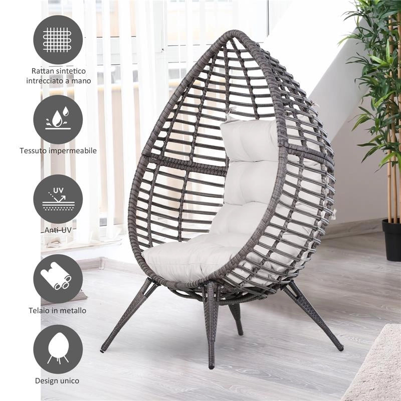 POLTRONA IN PE RATTAN GRIGIO CON MORBIDO CUSCINO BEIGE PER ESTERNI E INTERNI