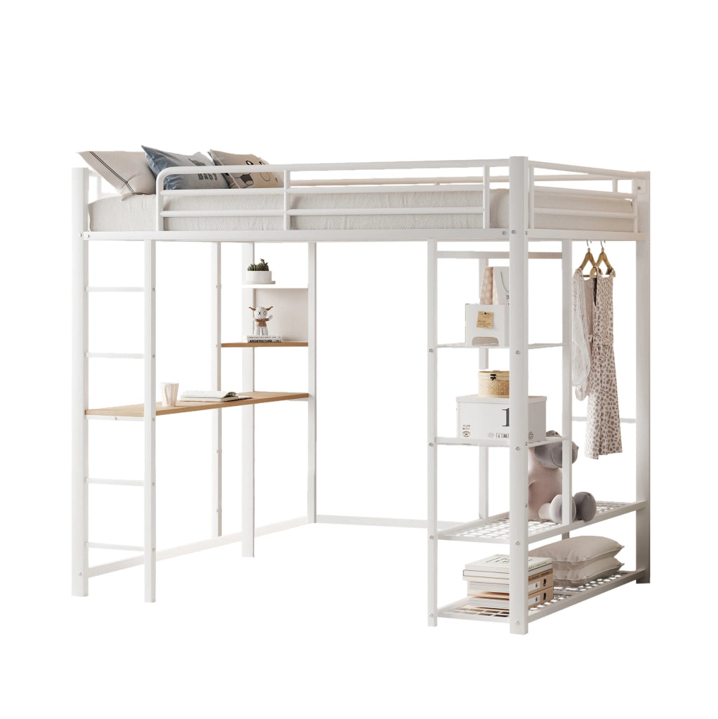 Letto a soppalco singolo 90x200 cm in metallo e MDF con scrivania; ripiani e guardaroba; bianco