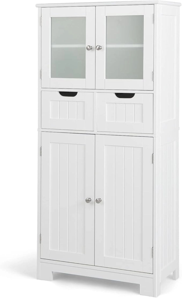 Armadio da Terra con 4 Ante, Mobile da Bagno con 2 Ante in Vetro 2 Cassetti e Ripiani Regolabili, Armadio Multifunzionale per Bagno e Soggiorno, 60x30x128cm (Bianco)