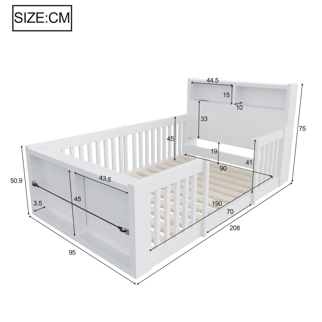 Letto per bambini singolo 90×190 cm con sponde alte; USB; luce notturna e vano; senza materasso; bianco