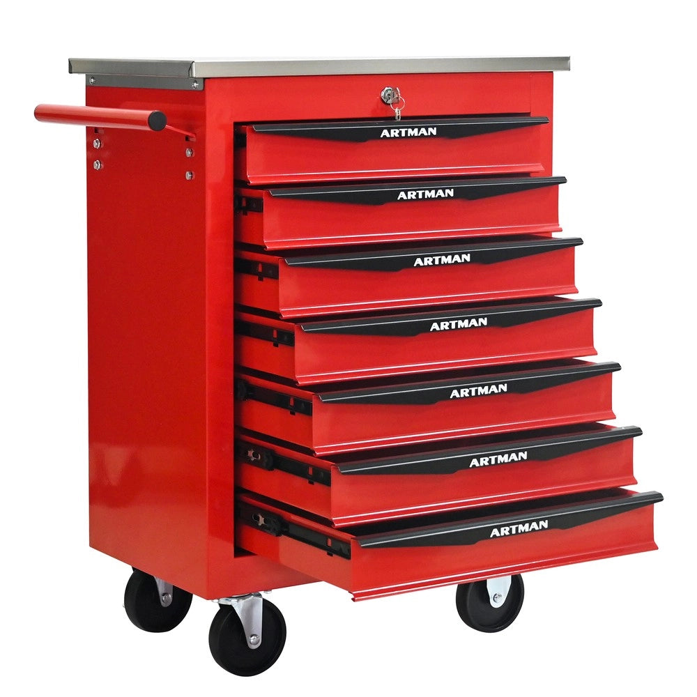 Carrello Porta Utensili 7 Cassetti con Ruote ¨C MINIMAL ¨C Metallo, Piano in Acciaio, Rosso e Nero