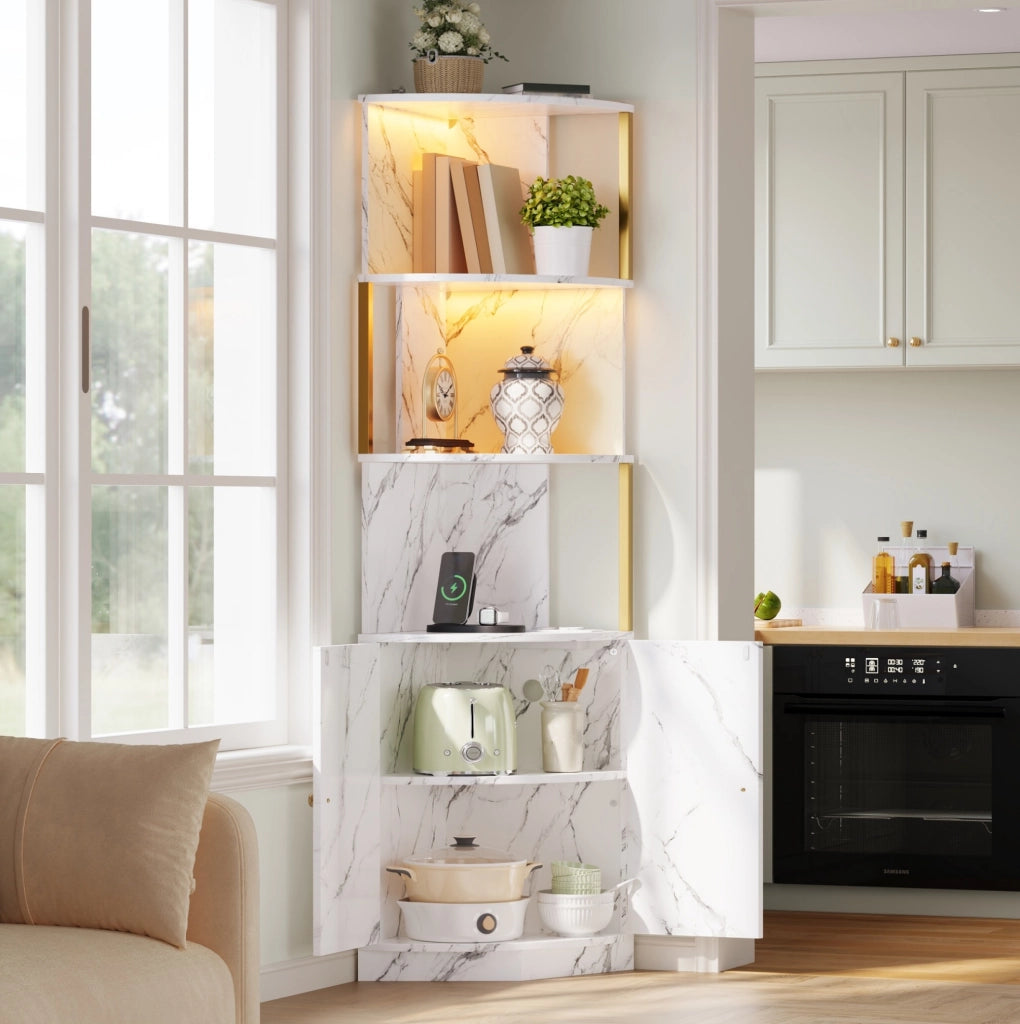 Mobile angolare alto con vani aperti e ante; 38 x 38 x 180 cm; in MDF bianco