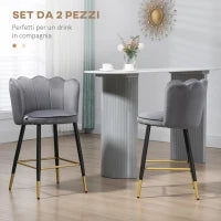 Set da 2 Sgabelli da Bar Vellutati con Poggiapiedi e Base in acciaio, 59x52x90cm, Grigio