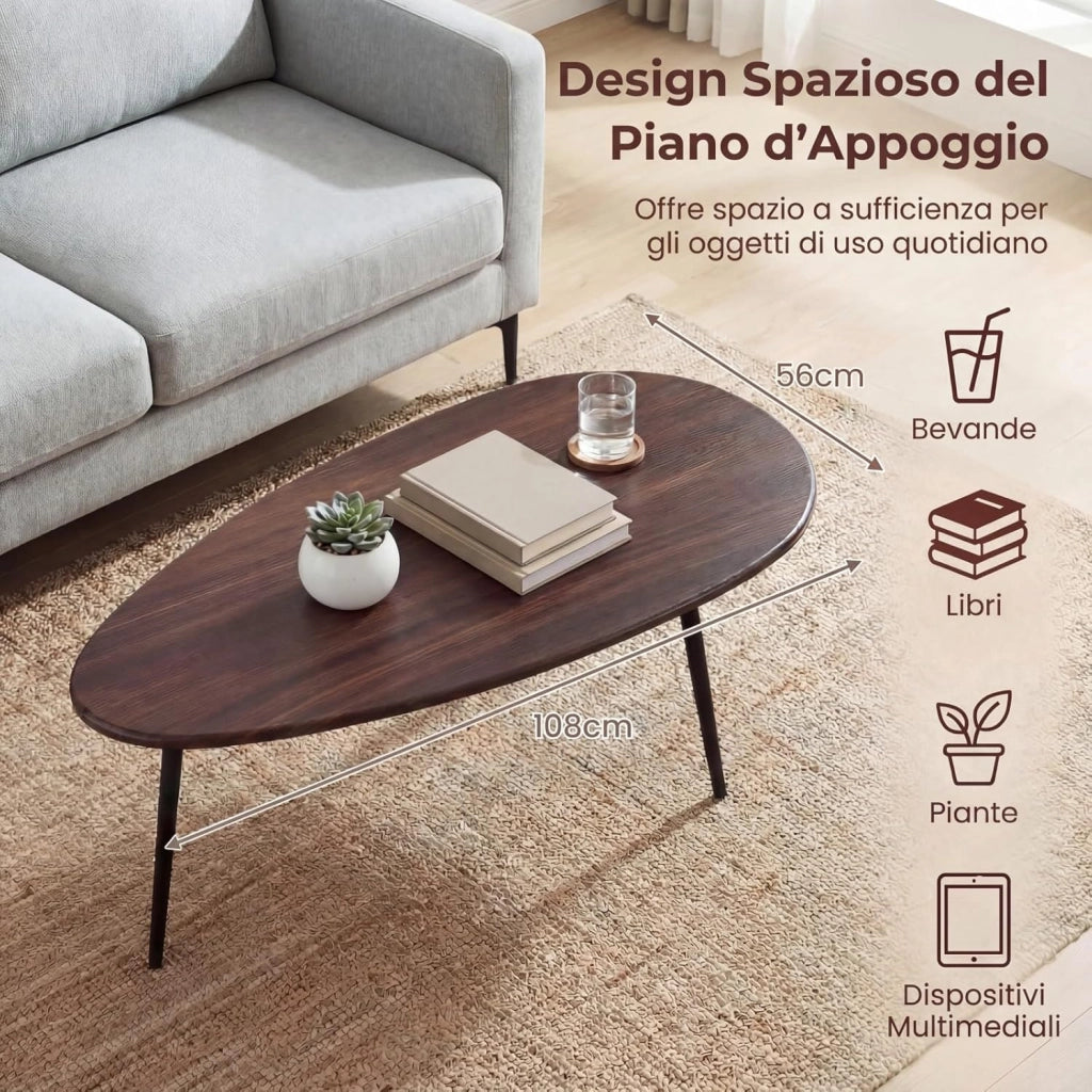 Tavolino da Caffè Mid-Century Moderno, Tavolino d'Accento Ovale Irregolare con Gambe in Metallo, Tavolino Compatto per Soggiorno, Ufficio Domestico, Angolo Lettura, Facile da Montare (Marrone)