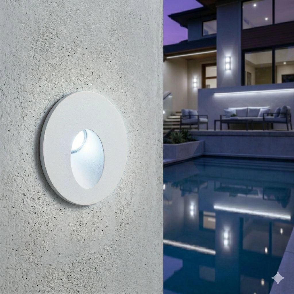 Faretto segnapasso LED da incasso rotondo 1.5W IP54 bianco luce bianca fredda 6500K inclinata in basso da esterno
