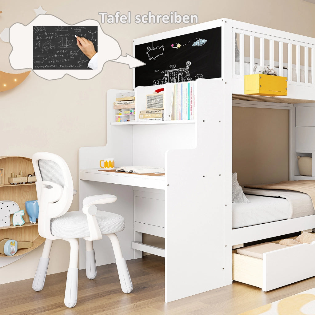 Letto a Soppalco Letto Singolo con 2 Cassetti; Scala di Sicurezza e Scrivania 90×200 cm; senza Materasso; Bianco
