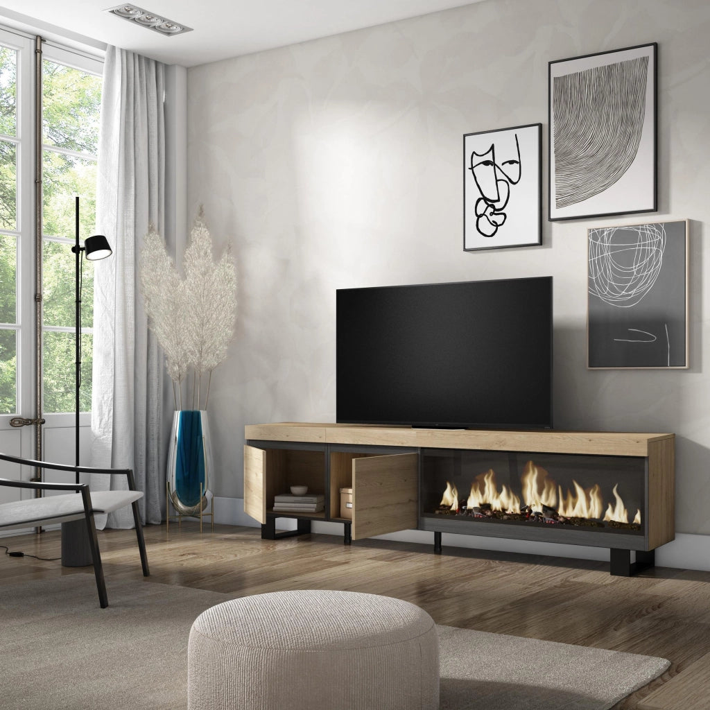 Mobile TV Soggiorno, 208x35x57cm, Per TV fino a 80", Camino elettrico XXL, Design industriale, colore Rovere RF3278