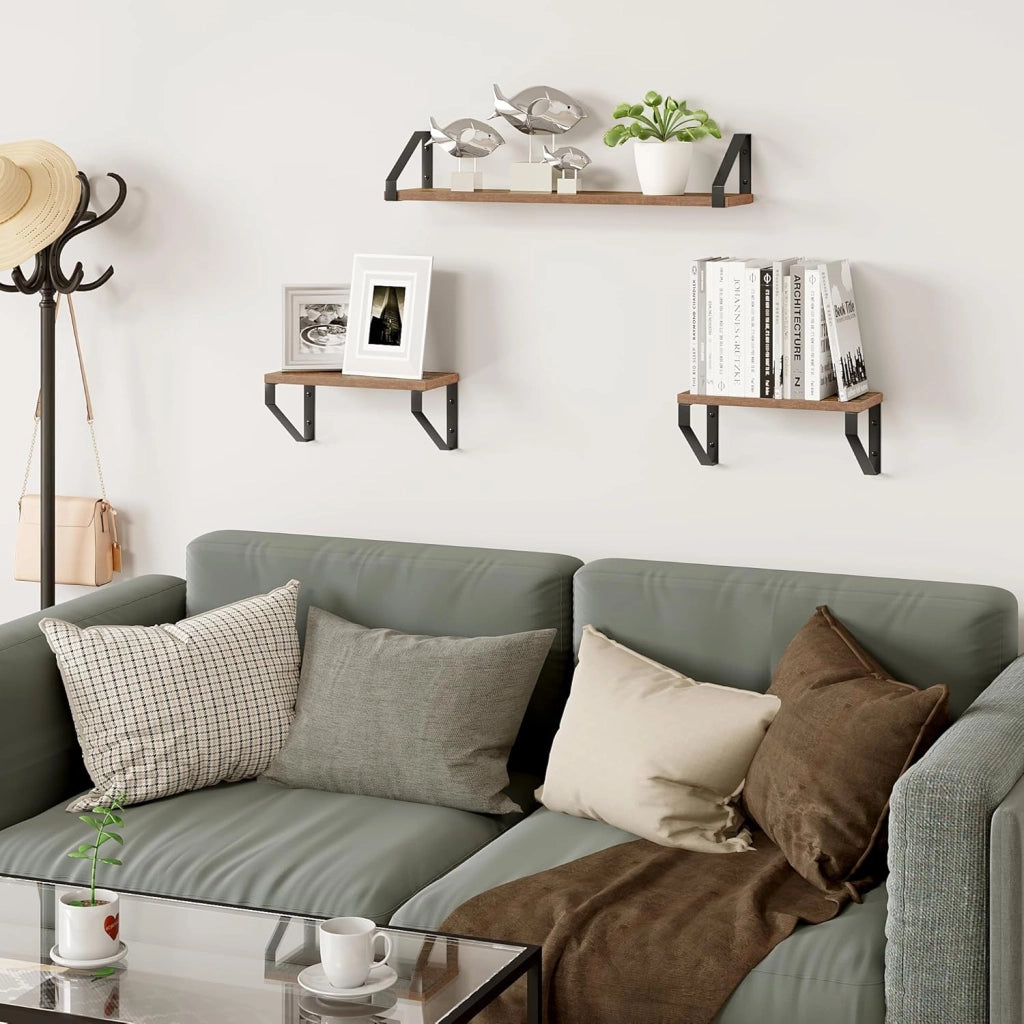 Set di 3 Mensole a Muro, Pensili da Cucina, Mensole per Bagno, Soggiorno, Camera da Letto, in Legno e Metallo, Effeto Legno Vintage e Nero, 60x15x11cm e 30x15x11cm