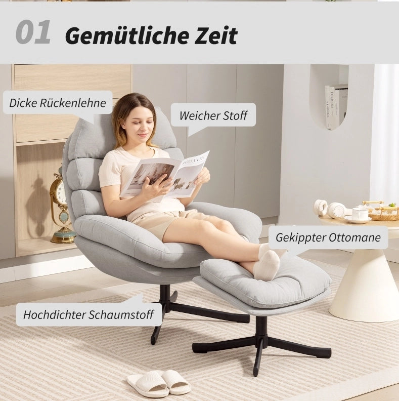 Poltrona relax con poggiapiedi in tessuto chenille crema 78x93x100 cm