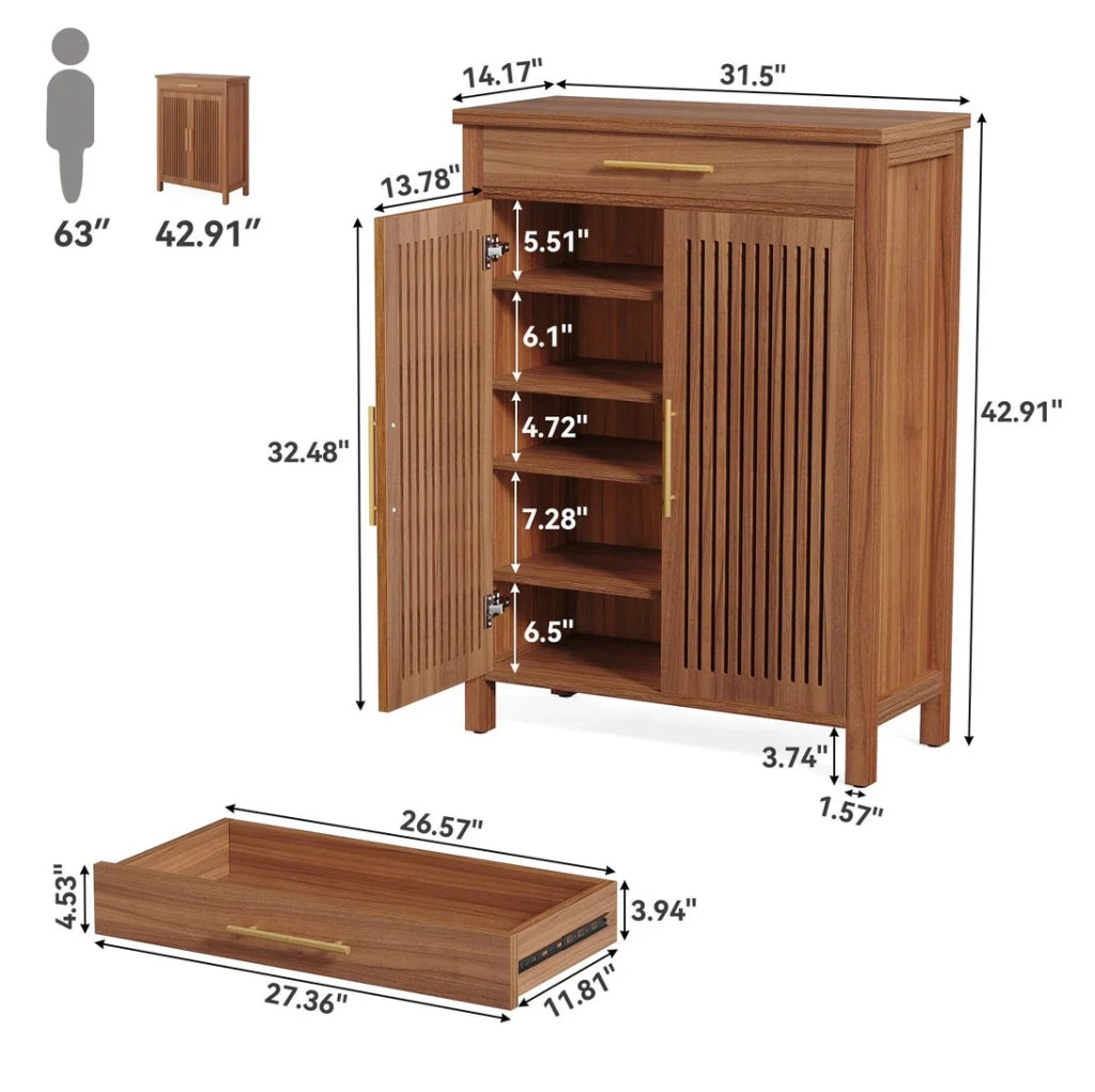 Scarpiera freestanding a 5 ripiani con ante a lamelle e cassetto; MDF e metallo marrone