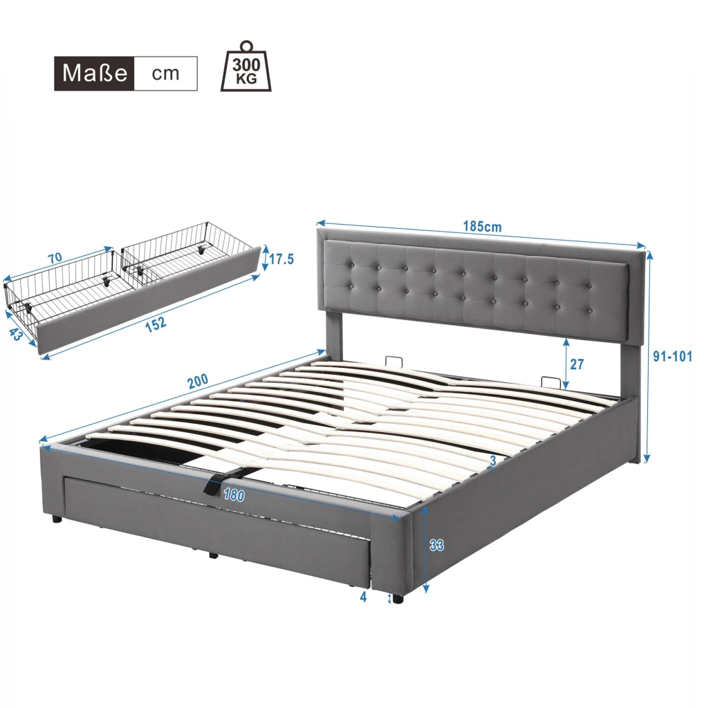 Letto matrimoniale imbottito con contenitore e cassetti; testiera regolabile; 180x200 cm; grigio in velluto