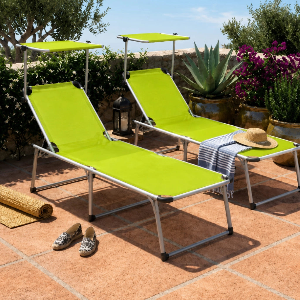 Coppia Di Lettini Da Spiaggia Pieghevoli Parasole Con Schienale Reclinabile Regolabile 6 Posizioni Struttura In Alluminio Sedia Prendisole Mare Giardino Piscina 187 x 59 x 29 Cm Verde Fluo