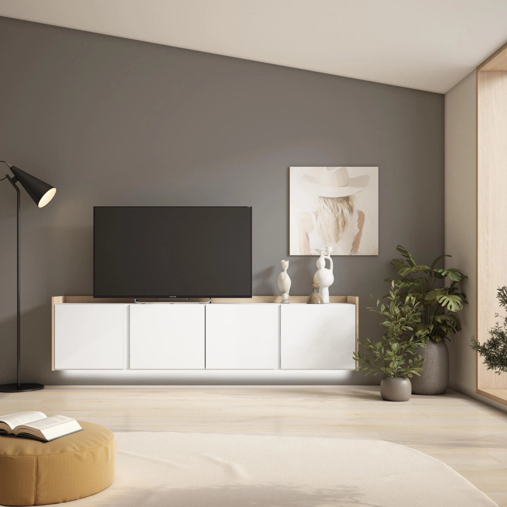 Mobile TV Soggiorno, 207x50x35 cm, Per TV fino a 80", Sospeso, da appendere, LED, Bianco e Rovere soft