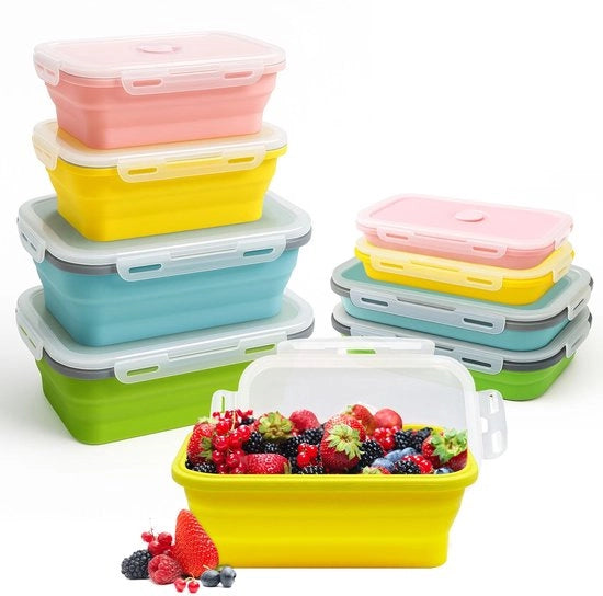 Set di contenitori in silicone pieghevoli 4 pezzi (800 ml + 1200 ml) - Contenitori per conservazione alimentare con coperchio - Resistente al lavastoviglie - Per conservazione alimentare, preparazione pasti e box da bento