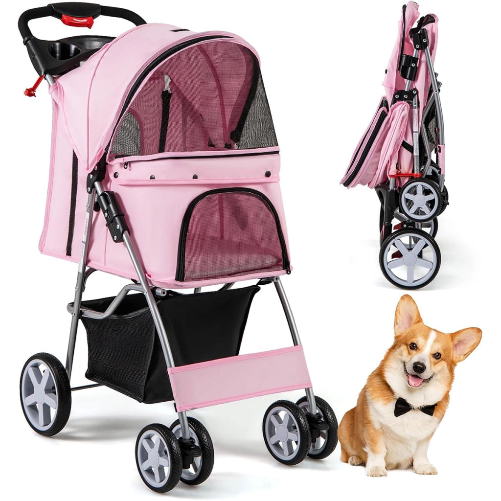 Passeggino per animali domestici a 4 ruote, Trasportino portatile con cestino e finestra a rete Rosa-Giochi e accessori per cani