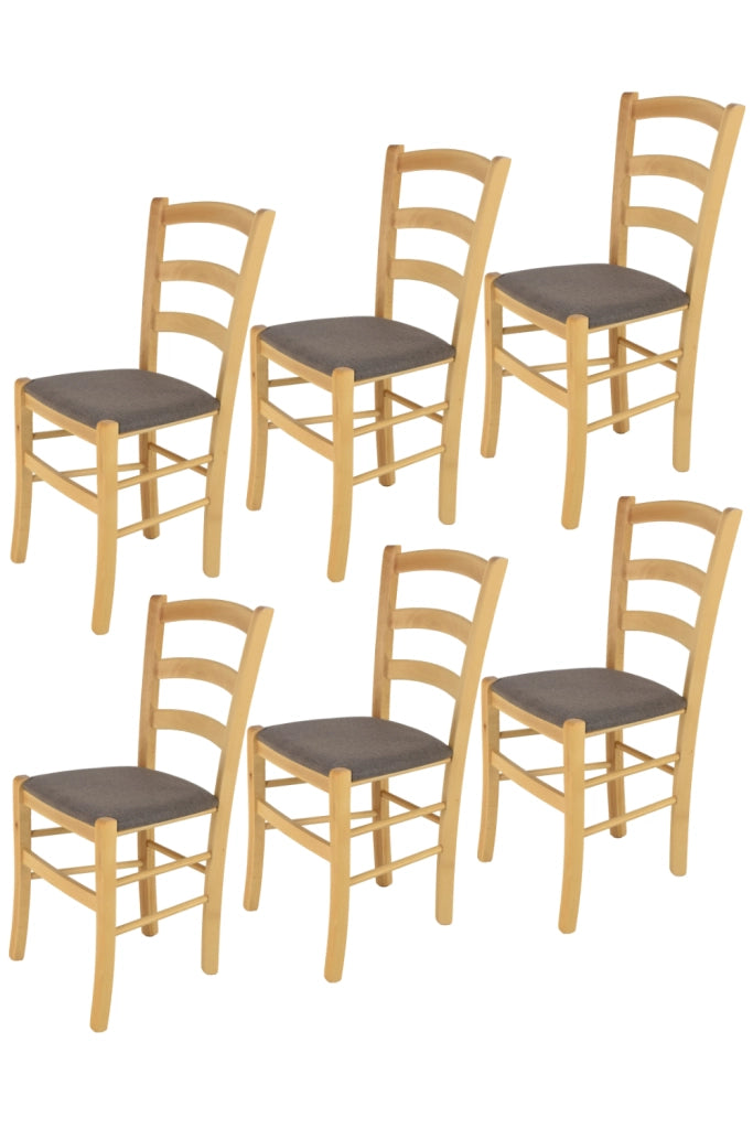 Set 6 Sedie Venice Tommychairs, struttura in faggio verniciata in color naturale e seduta rivestita in tessuto capriolo