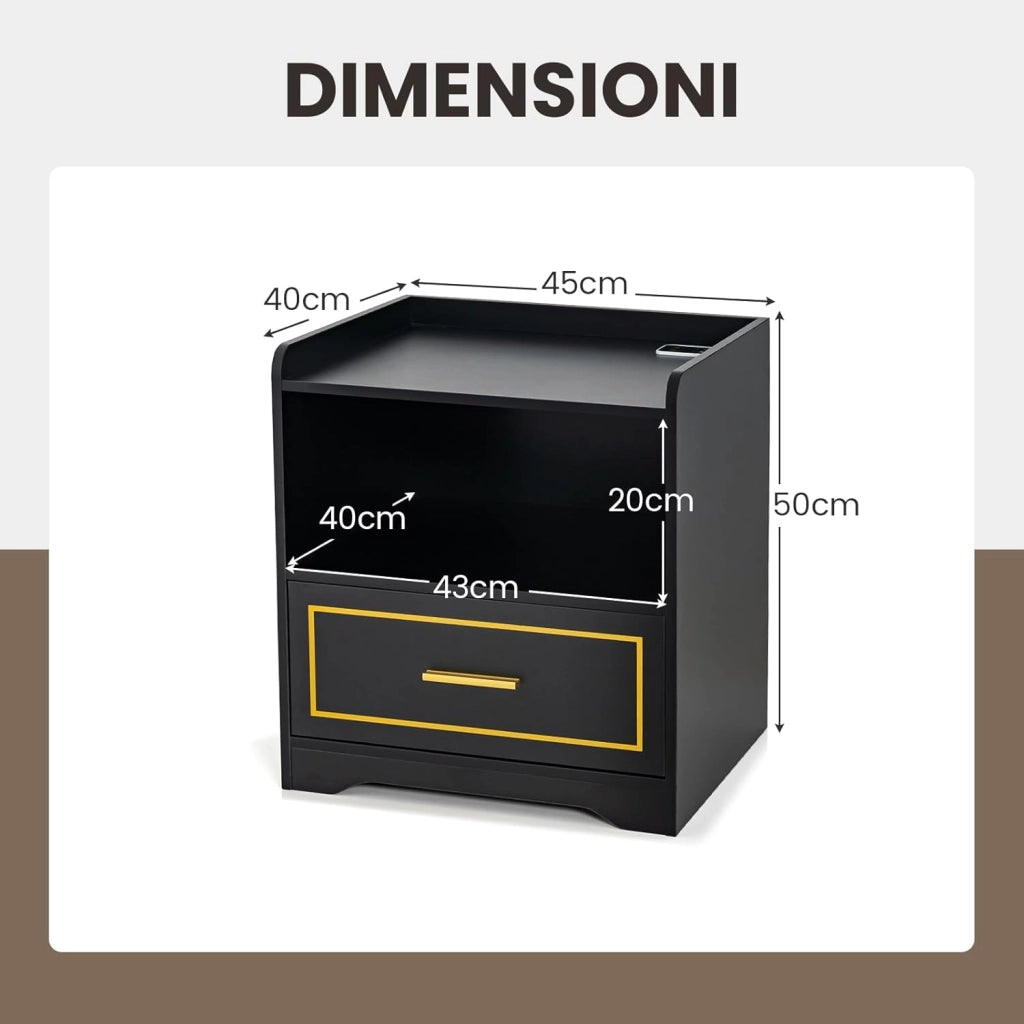 Comodino con LED, Comodino Intelligente con 2 Porte USB, Ripiano Aperto e Cassetto, Luci a Colori Variabili, Bianco, 45 x 40 x 50 cm (1, Nero)