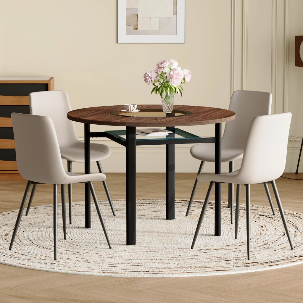 Set tavolo da pranzo e sedie con 1 tavolo rotondo; 4 sedie e ripiano; in MDF; vetro; PU e metallo marrone e nero
