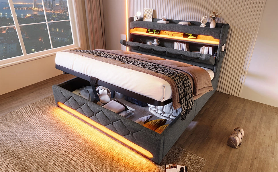 DESMIU Letto contenitore 160 × 200 cm 2 posti con LED, USB, Type C, senza materasso, grigio