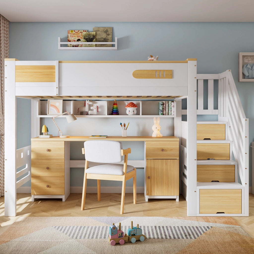 Letto a Soppalco 90x200 cm - Scrivania; Cassetti e Scala Contenitore - Bianco