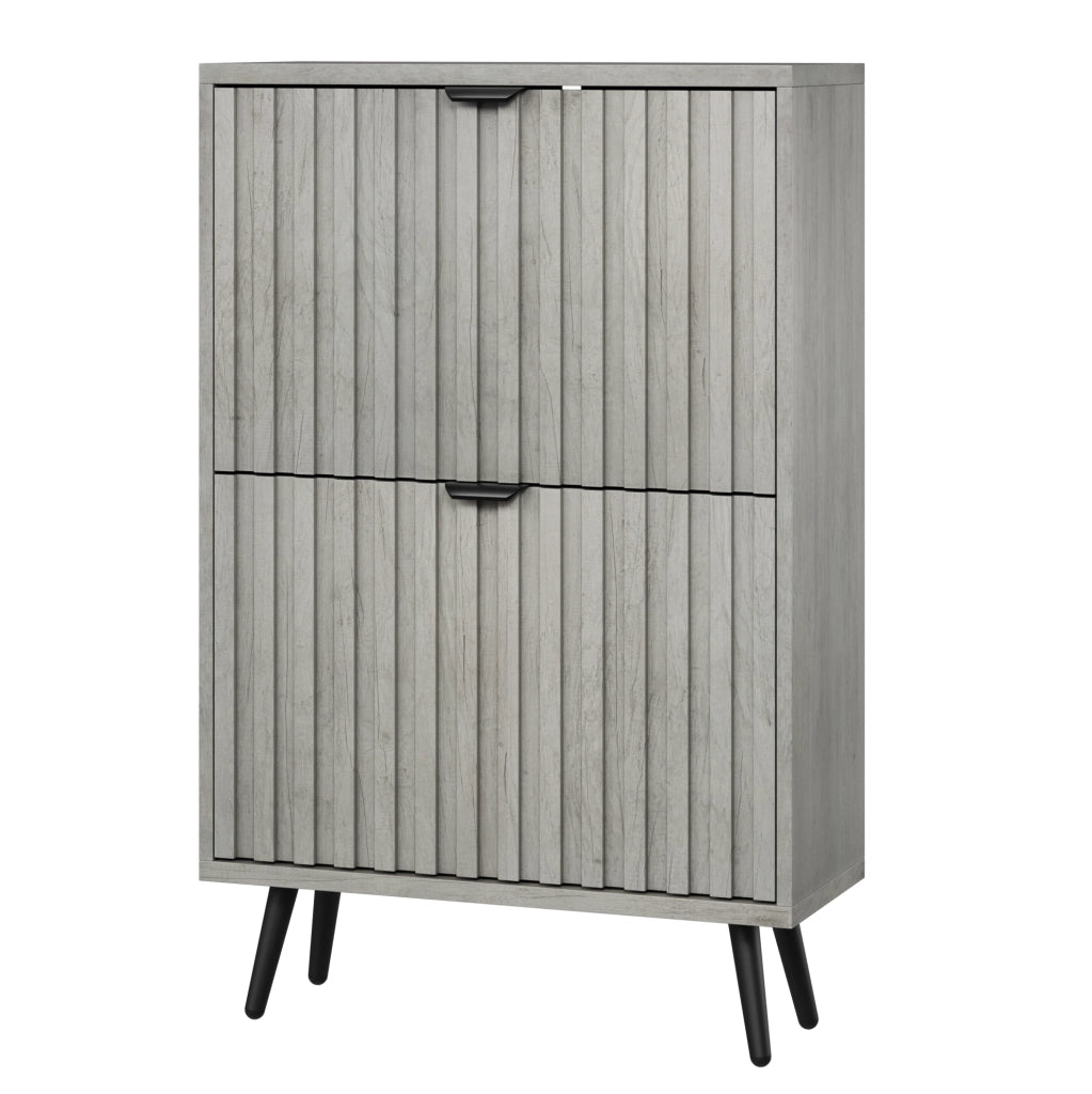 Mobile portascarpe con 2 ante ribaltabili; design scanalato in MDF e truciolare grigio