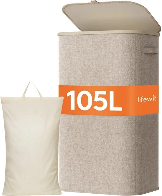 Wastino Opvougbile 105L con Coperchio - Grande Contenitore per Lenzuola con Struttura in Plastica - Wastino Robusto per Camera da Letto e Bagno - Wastino Beige con Design Moderno
