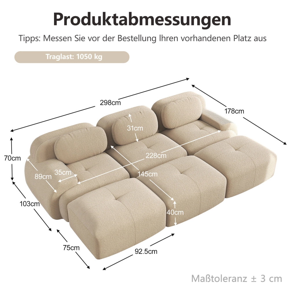 Divano angolare modulare senza telaio in velluto a coste; schiuma 32D; beige