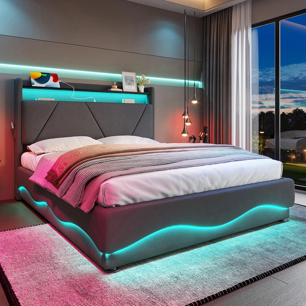 Letto 160x200cm imbottito - Xylo - LED USB tasche laterali idraulico