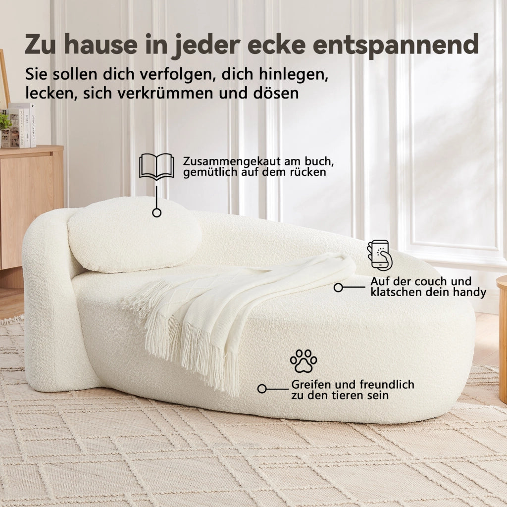 Divano in tessuto teddy con design arrotondato, cuscino integrato, schiuma elastica, beige