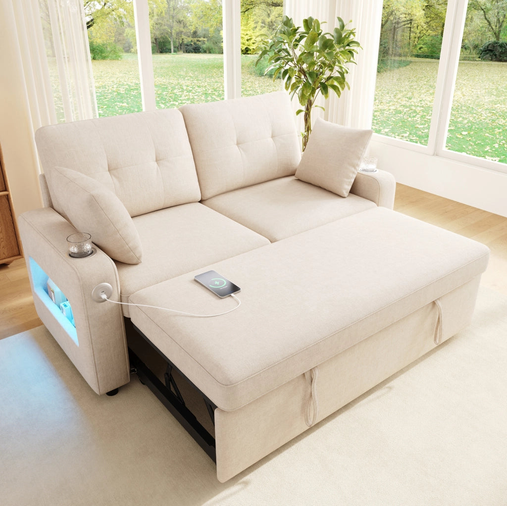 Divano 2 posti trasformabile con letto; LED; USB Type-C; braccioli con vano portaoggetti; beige