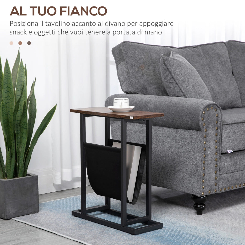 EasyComfort Tavolino da Salotto in Truciolato e Acciaio con Borsa Portaoggetti in Tessuto Oxford, 49x19x55 cm, Marrone e Nero