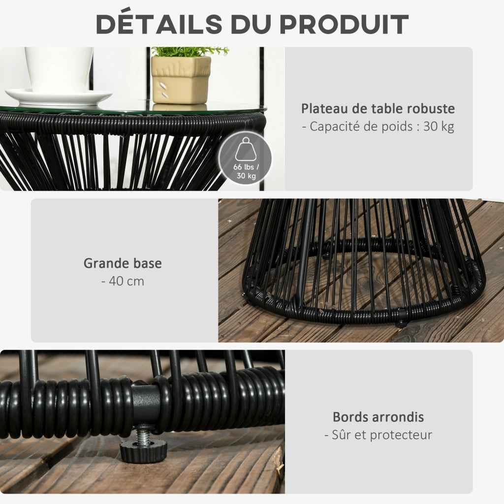 Tavolo da giardino rotondo in polyrattan con piano in vetro temperato ¨C zephmum ¨C nero ? 40x42 cm