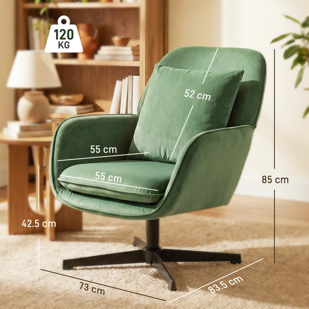 Poltrona da Salotto Girevole con Cuscino Lombare e Rivestimento in Tessuto Effetto Velluto, Verde