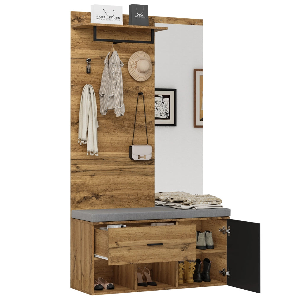 Mobile da ingresso con specchio, scarpiera, panca imbottita, cassetto e ganci, in truciolare, rovere, 104 × 39 × 190 cm