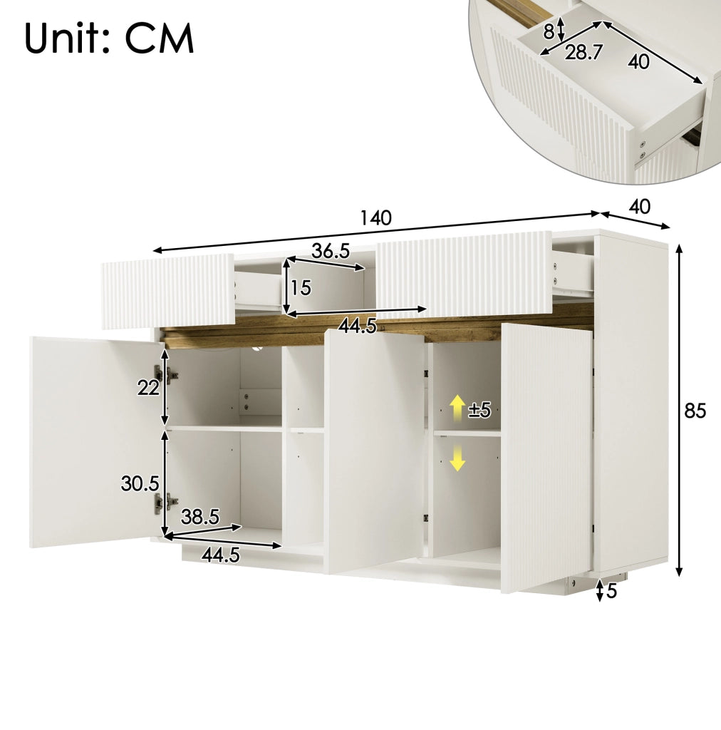Credenza bianca con LED, 2 cassetti e ripiani regolabili