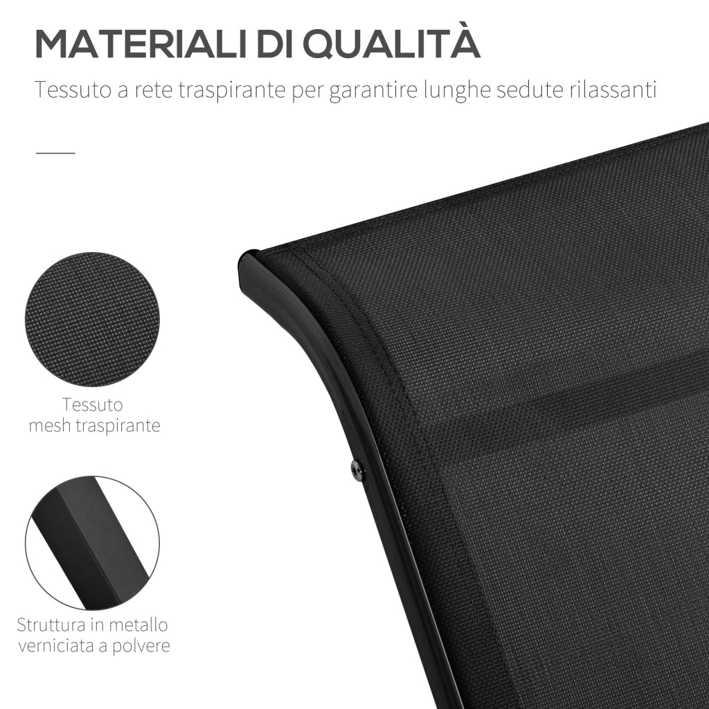 Set 2 Lettini Prendisole e Tavolino con Ripiano. in Tessuto Traspirante e Metallo. 59x169x66 cm. Nero