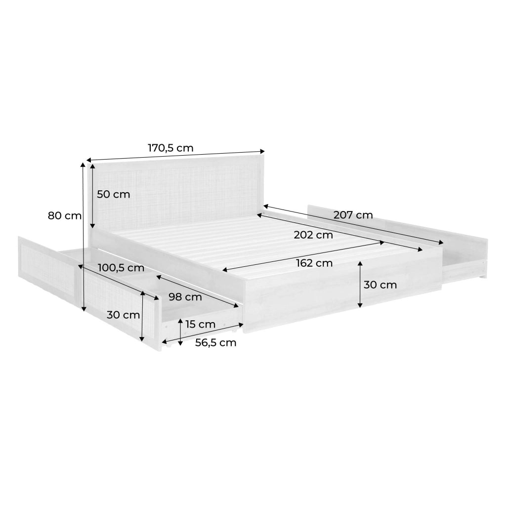 Letto bohemien con rete a doghe e testiera 160x200cm + 4 cassetti,