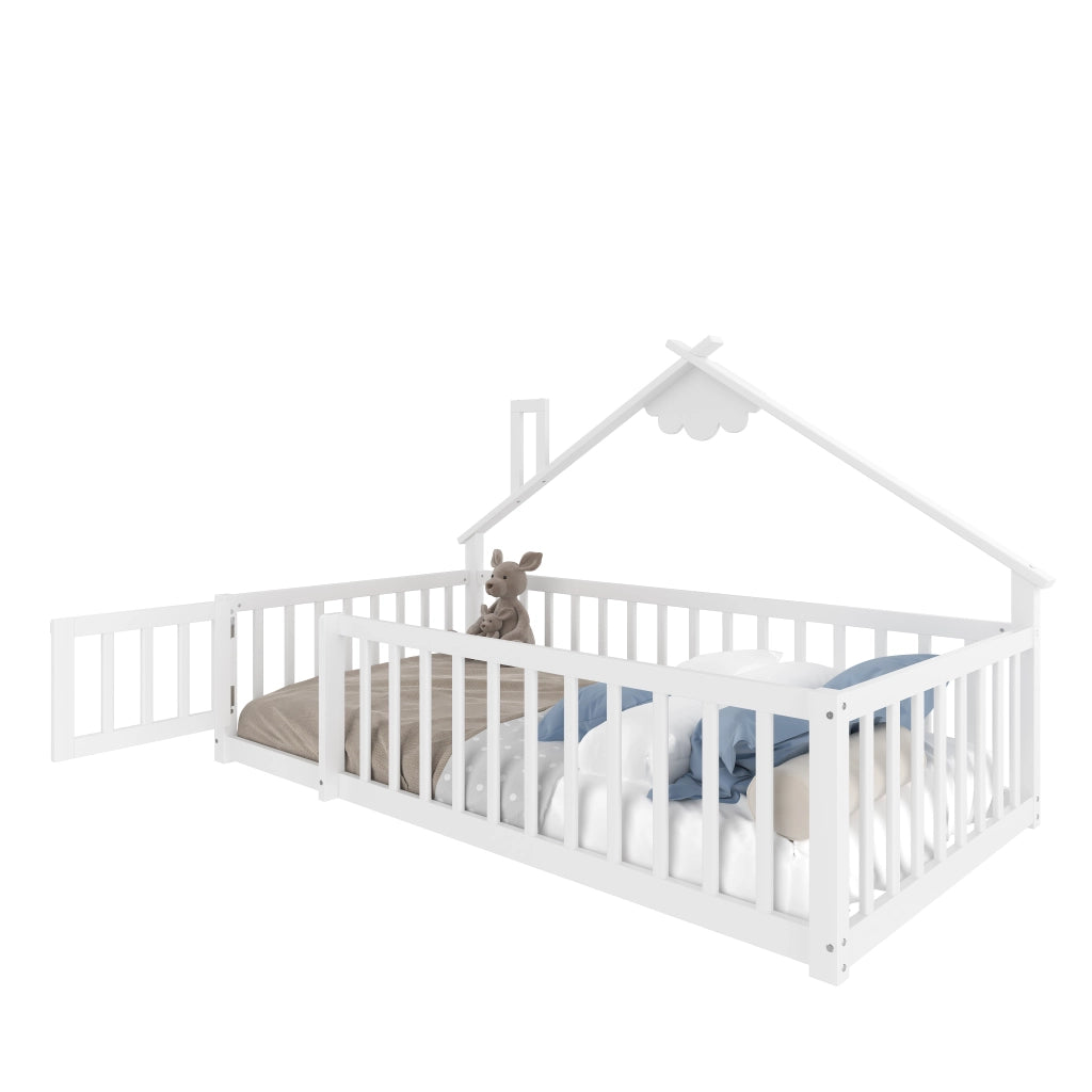 Letto a Casetta 90×190 cm; Letto Singolo per Bambini con Sponda con Chiusura; senza Materasso; Bianco