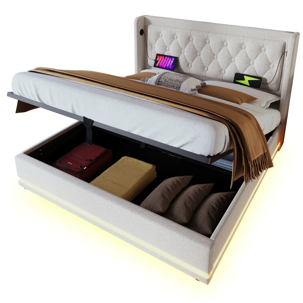 Letti contenitori 160x200 cm; contenitore idraulico con USB e LED; cotone beige (Senza materasso)