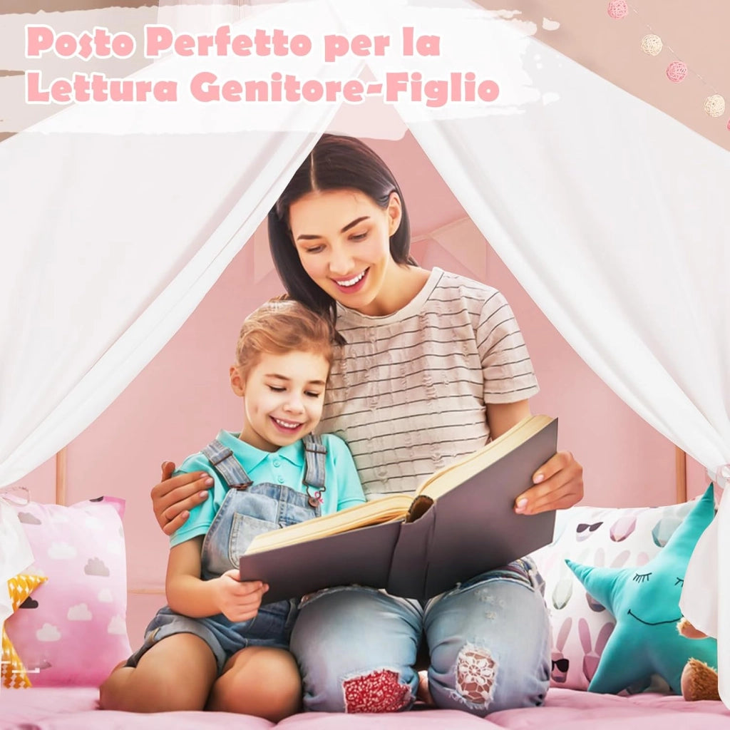Tenda da Gioco per Bambini, Tenda per Bambini con Finestre Tappetino Lavabile in Cotone e Bandiera, Castello da Gioco per Bambini 3 Anni + (Rosa)