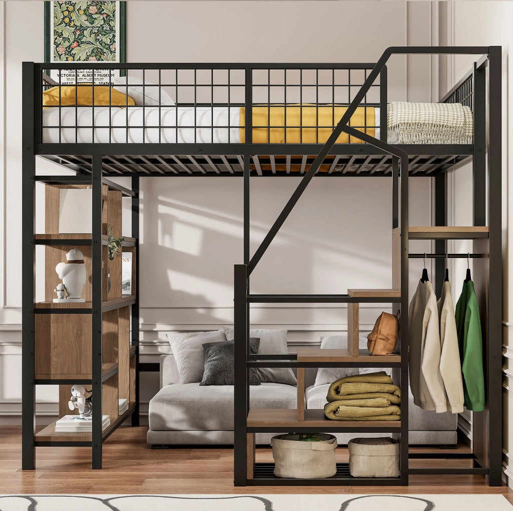 Letto a soppalco 140x200 cm nero metallo e legno con scala contenitore