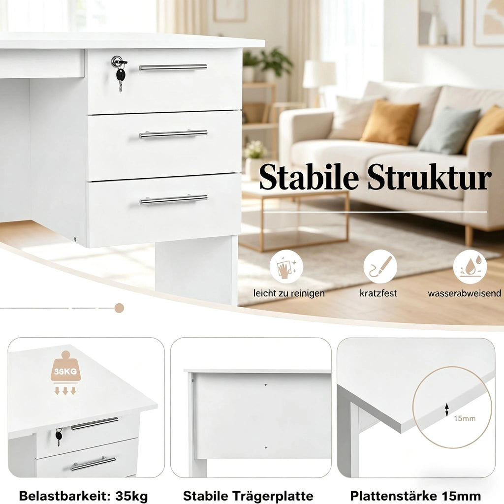 Scrivania lineare con 3 cassetti e serratura, per ufficio e studio, in legno, bianco, 120 × 60 × 75 cm