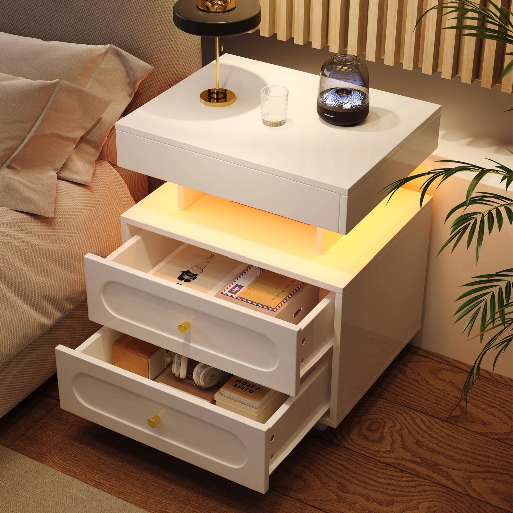 Comodino con LED, 2 cassetti e 1 vano aperto, per camera da letto, in truciolato, bianco, 100 × 40 × 60 cm